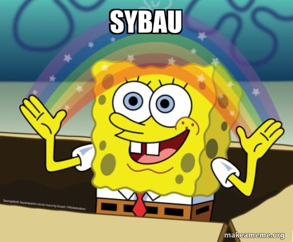 SYBAU meme with iconic shut up hand sign