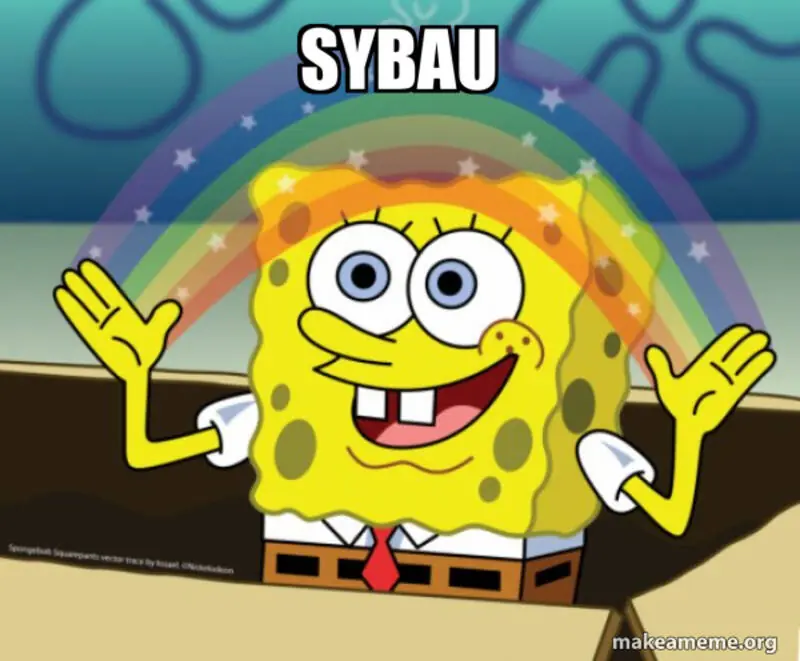 SYBAU meme with iconic shut up hand sign
