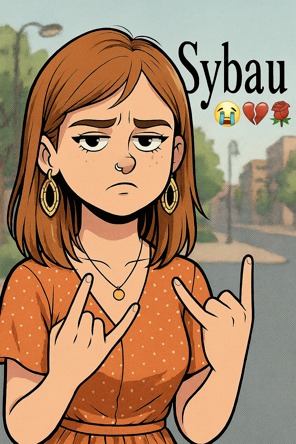 SYBAU meme girl with unimpressed face and hand sign