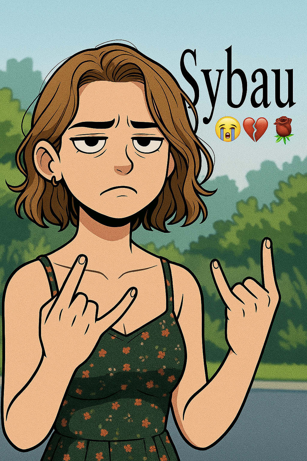 SYBAU meme woman with unimpressed face and hand sign